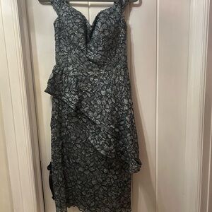 Jovani Asymmetrical Lace Dress in Black and Gray